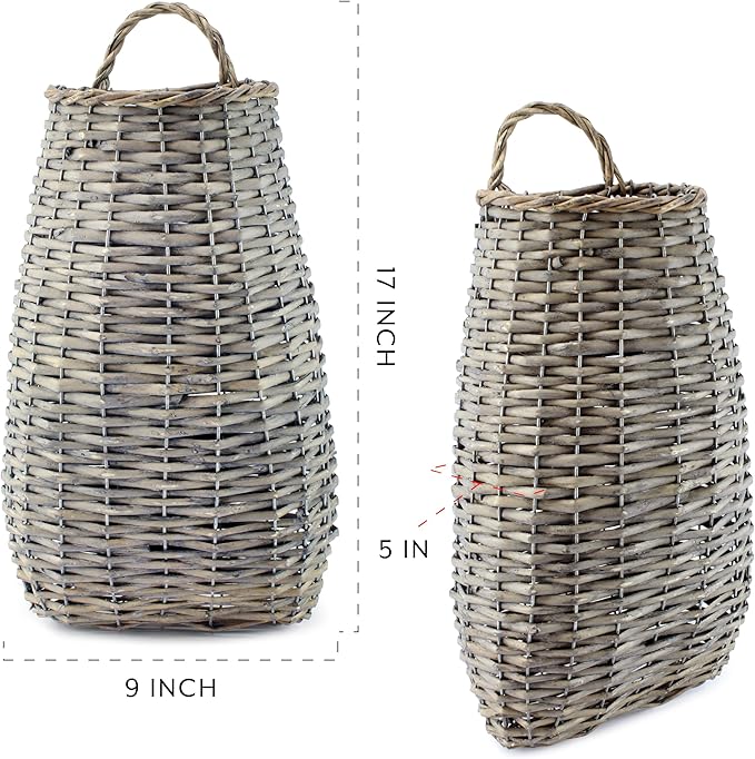 AuldHome Design Wall Hanging Pocket Basket; Woven Wicker Rustic Farmhouse Gray Washed Long Basket; 17 x 9 x 5 Inches (Pack of 2)