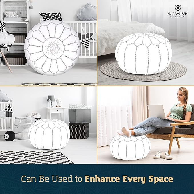 Marrakesh Gallery Genuine Leather Round Pouf Unstuffed - Moroccan Ottoman Footstool, Footrest Cover - Boho Decor - Bohemian Living Room, Bedroom, Kids Room, Gift & Wedding