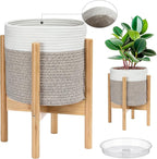 Plant Basket with Stand Indoor Planter Pot Holder Sturdy Jute Rope Modern Woven Basket, Cotton Rope Woven Pot with Bamboo Stand(White and Brown,10 Inch)