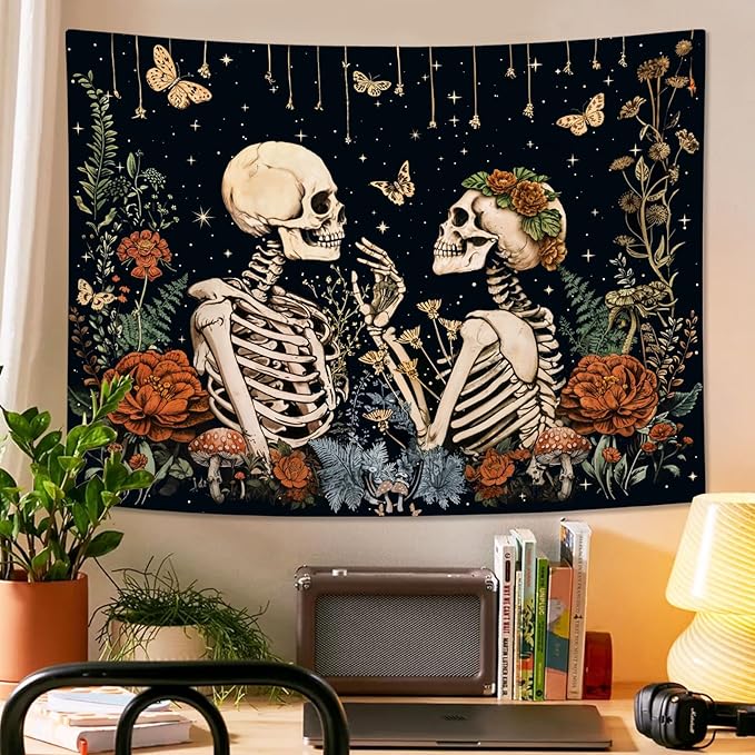 Wegklazax Floral Skeleton Lovers Tapestry Aesthetic Skull Gothic Tapestry for Bedroom The Lovers Wall Hanging for Bedroom Living Room Skull2 60×80 Inches