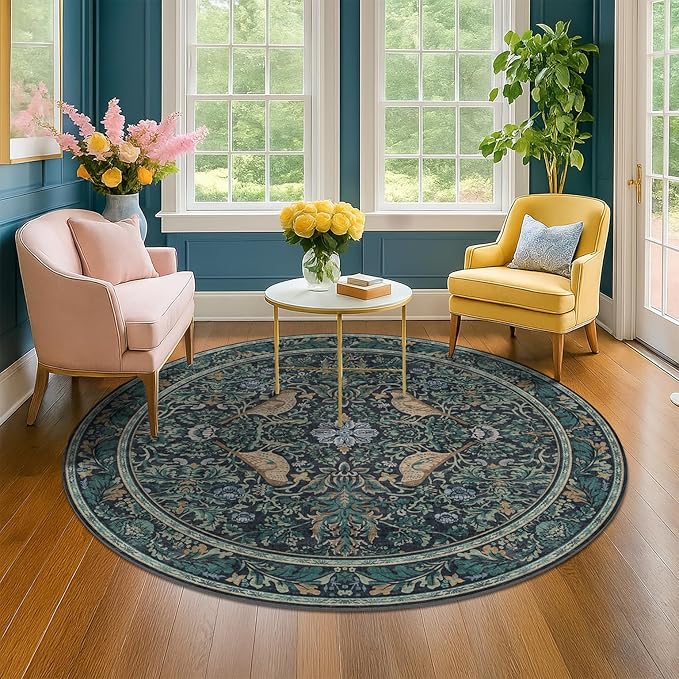 Washable Round Area Rug 6ft for Living Room, Soft Round Carpet Non-Slip with Rubber Backing, Vintage Large Circle Rug for Bedroom Kitchen Nursery, Dark Navy Blue Oriental Floral Décor