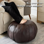 Louis Donné Brown Waterproof Faux Leather Unstuffed Pouf Ottoman, Handmade Moroccan Pouf Cover 21"x13", Round Floor Cushion Floor Chair Footstool for Living Room, Bedroom and Wedding (Only Cover)