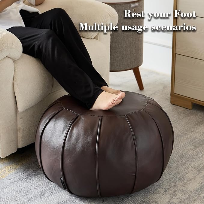 Louis Donné Brown Waterproof Faux Leather Unstuffed Pouf Ottoman, Handmade Moroccan Pouf Cover 21"x13", Round Floor Cushion Floor Chair Footstool for Living Room, Bedroom and Wedding (Only Cover)