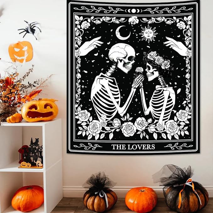 Atrippy Halloween Gothic Room Decor Tapestry, Goth Skull Grunge Tapestry for Bedroom, Witchy Dark Aesthetic Home Decor, Small Skeleton Vintage Black and White Emo Wall Decor (51" X 60")