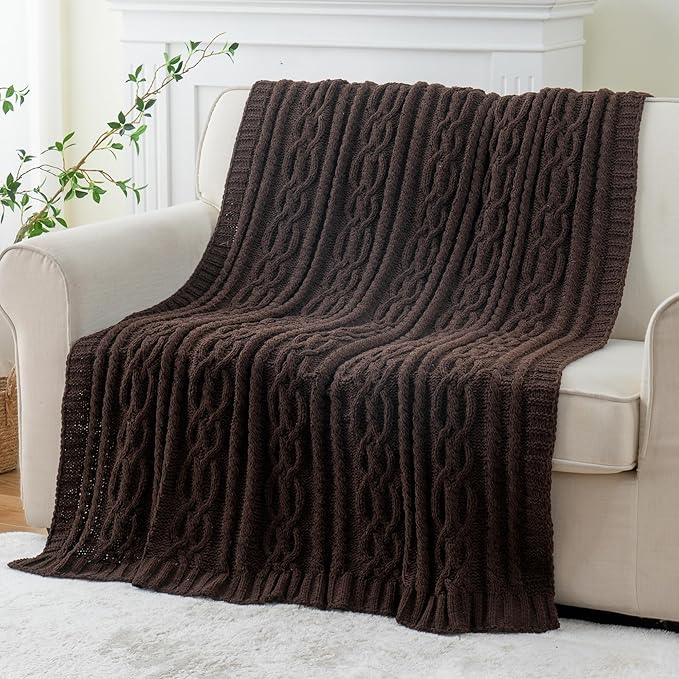 Battilo Dark Brown Throw Blanket for Couch, 51"x67" Soft Chenille Knit Throw Blanket for Home Decor, Soft Cozy Blanket, Decorative Chocolate Brown Blanket for Bed, Living Room