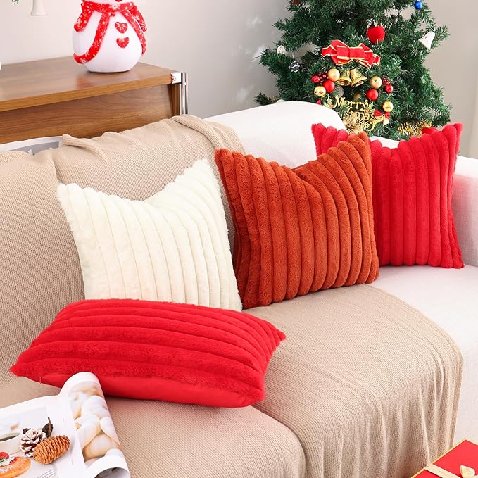 Pallene Faux Fur Plush Christmas Throw Pillow Covers 20x20 Set of 2, Luxury Soft Fluffy Striped Decorative Pillow Covers for Sofa, Couch, Living Room, Red
