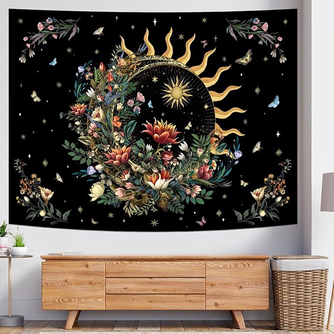 Racunbula Floral Plants Tapestry Sun and Moon Tapestry Retro Botanical Flowers Butterfly Tapestries Black Starry Sky Wall Decor Vintage Boho Aesthetic Tapestries Wall Hanging for Bedroom