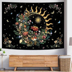 Racunbula Floral Plants Tapestry Sun and Moon Tapestry Retro Botanical Flowers Butterfly Tapestries Black Starry Sky Wall Decor Vintage Boho Aesthetic Tapestries Wall Hanging for Bedroom