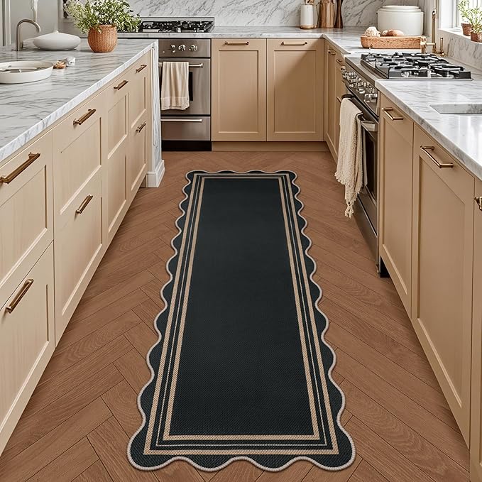 Easy Scalloped 2x6 Runner Rug for Hallway, Washable Kitchen Rugs Non Slip Outdoor Indoor Black Hallway Rug, Farmhouse Morden Carpet for Porch Bedroom Laundry