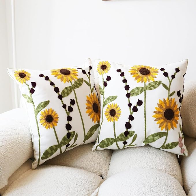 Sunflower Pillow Cover Boho Embroidered Pillow Covers for Couch Sofa Yellow Flowers Bohemian Pillow Covers Cotton Linen Botanical Plant Leaves 2PCS Pillowcase Covers 18x18 Inch