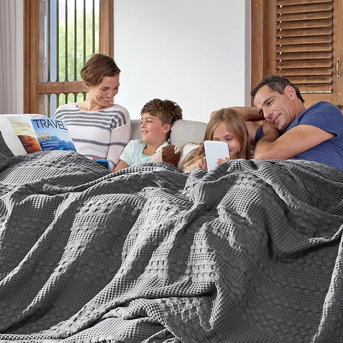 VHC Brands 100% Cotton Waffle Weave Dark Gray Oversized King Size Blanket 120x120, Decorative Cotton Throw Blanket, Boho Farmhouse Bedroom Decor for Bed, Couch, or Sofa