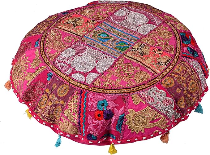 Indian Handmade Patchwork Codework Pink Round Pouf Cover Ottoman Floor Pillow Cushion Seating Throw Decorative Pom Pom Pillow Cases Boho 32 Inches, BFPC0106