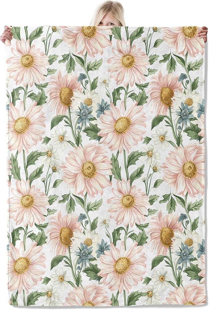 Daisy Floral Blanket 40×50 Inch,Vintage Pink Wildflower Lightweight Flannel Throw with Green Leaves on White,Spring Rustic Farmhouse Home Decor,Gifts for Girls,Women