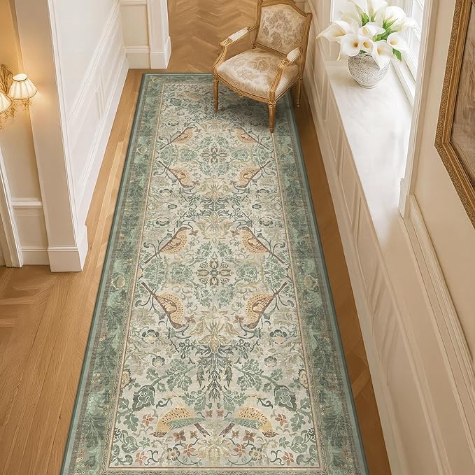 2'6"x8' Long Hallway Runner Rug - Vintage Botanical Wide Runners for Kitchen Bedroom Hall Way, Washable Non Slip with Rubber Backing, Light Green Sage Floral Décor