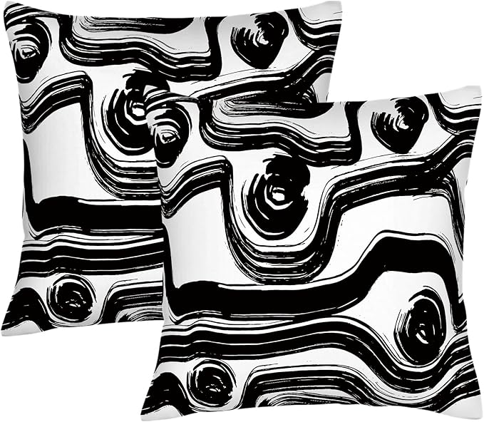Abstract Black and White Brush Stroke Throw Pillow Covers 18x18 Set of 2, Modern Geometric Art Cushion Cases, Minimalist Boho Decorative Pillowcases for Farmhouse Sofa Couch Living Room Bedroom Decor