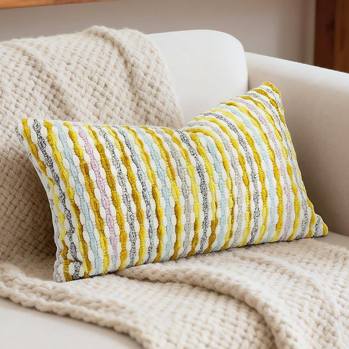 Boho Decorative Throw Pillow Covers 12x20 Inch, Chenille Tufted Pillow Cover Striped Textured Lumbar Farmhouse Accent Pillowcase for Couch Sofa Bedroom Living Room, Yellow White Stripe 1 Pack