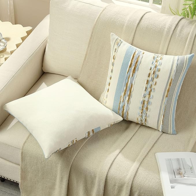 FUTEI Blue Brown Decorative Throw Pillow Covers 20x20 Inch Set of 2, Soft Tufted Striped Textured Accent Cushion Case,Boho Pillows for Couch Decor