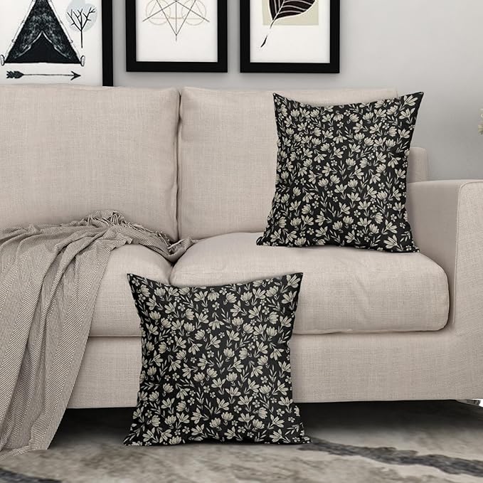 Vintage Flower Pillow Covers 18x18 Set of 2 Rustic Cute Small Floral Black Brown Old Style Decorative Throw Pillows Outdoor PillowCase Farmhouse Linen Cushion Case Decor for Home Sofa Couch Bed