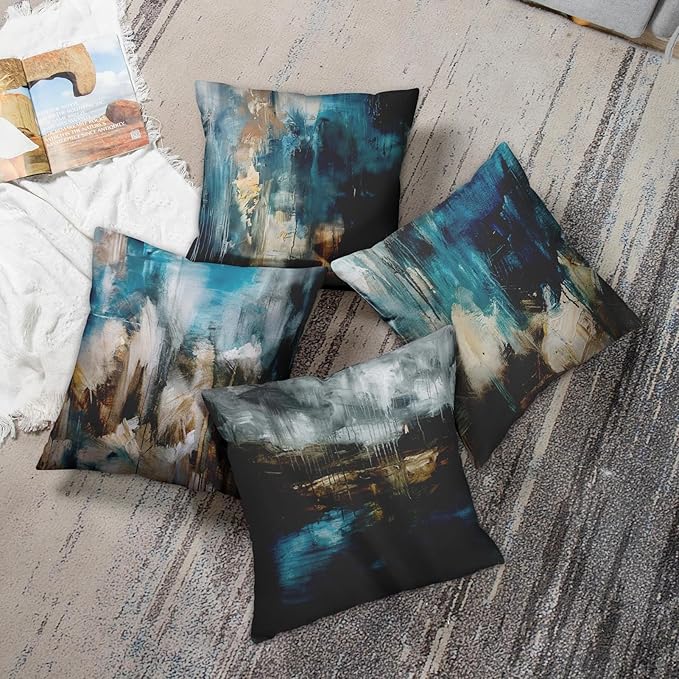 Emvency Set of 4 Throw Pillow Covers Modern Abstract Messy Teal Turquoise Black and Brown Retro Painting Decorative Pillow Cases Home Decor Standard Square 24x24 Inches Pillowcases