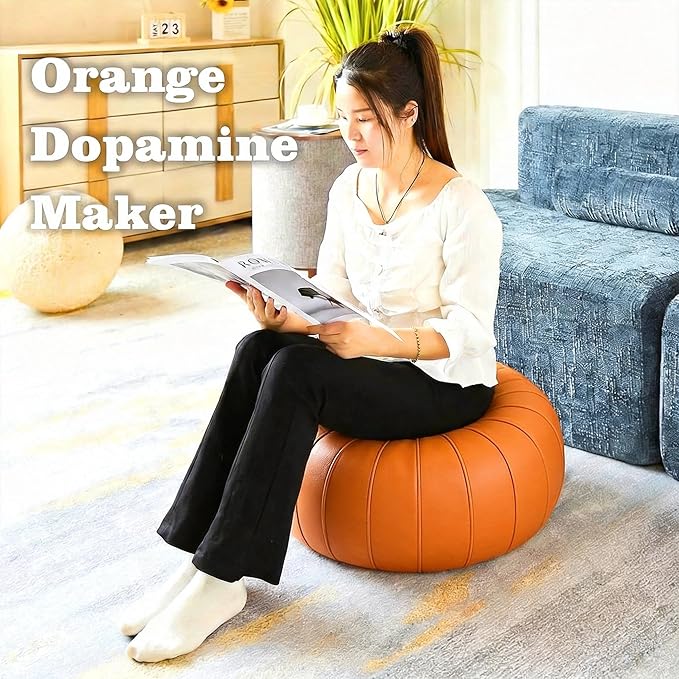 Leather Pouf - 20”Dx12”H, Wash-Free Tech Fabric Pouf Unstuffed Ottoman Moroccan Footstool, Floor Footrest Cushion, Storage Solution, Natural Orange Color Unstuffed Faux Leather Cover (Orange)