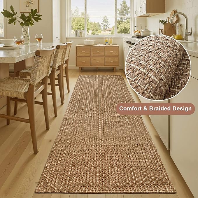 Boho 2x8 ft Runners for Hallway,Braided Style Long Kitchen Runner Rugs,Soft Faux Jute Rug,Neutral Entryway Runners,Washable Solid Carpet for Bedroom,Hallway Living Room,Non Slip,Tan Brown