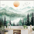 Accnicc Misty Forest Mountain Tapestry Sage Green Nature Pine Tree Wall Tapestry for Bedroom Aesthetic Watercolor Woods Lake Small Tapestries Wall Hanging for Living Room Dorm Decor 48 x 36 Inch