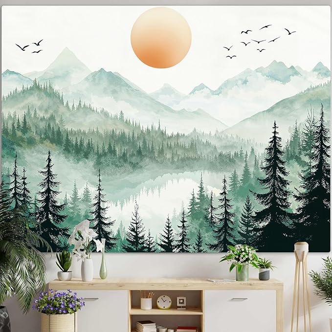 Accnicc Misty Forest Mountain Tapestry Sage Green Nature Pine Tree Wall Tapestry for Bedroom Aesthetic Watercolor Woods Lake Small Tapestries Wall Hanging for Living Room Dorm Decor 48 x 36 Inch