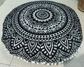 INDIAN CRAFT CASTLE 24" Black Silver Mandala Barmeri Large Floor Pillow Cover Cushion Meditation Seating Ottoman Throw Cover Hippie Decorative Zipped Bohemian Pouf Ottoman Pom Pom Cases 24" Round