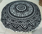 INDIAN CRAFT CASTLE 24" Black Silver Mandala Barmeri Large Floor Pillow Cover Cushion Meditation Seating Ottoman Throw Cover Hippie Decorative Zipped Bohemian Pouf Ottoman Pom Pom Cases 24" Round