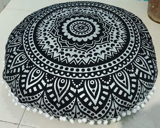 INDIAN CRAFT CASTLE 24" Black Silver Mandala Barmeri Large Floor Pillow Cover Cushion Meditation Seating Ottoman Throw Cover Hippie Decorative Zipped Bohemian Pouf Ottoman Pom Pom Cases 24" Round