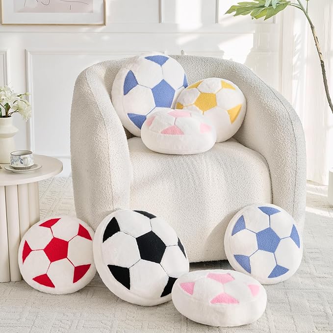 Soccer Pillow,12" Soccer Shaped Pillow Butt Cushion Seating Cushion with Faux Rabbit Fur,Round Soccer Throw Pillow Room Décor for Sofa Couch Living Room (Light Pink)