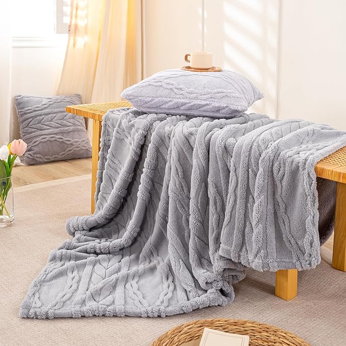 YUSOKI Sherpa Large Throw Blanket Single Layer,Light Weight(1.7lb),370GMS-3D Stylish Design for Gift Home Decor (Light Grey,50"x65")