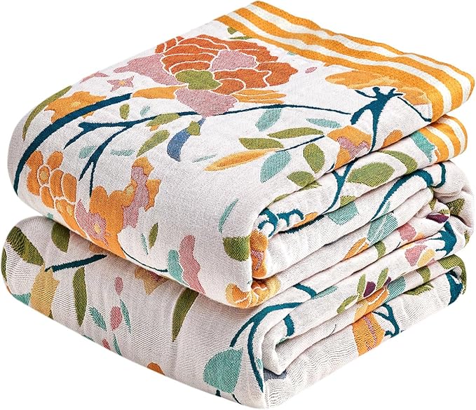 Boho Throw Blanket - 90"x90" 100% Cotton Ultra Soft Lightweight Blanket, 4-Layer Breathable Muslin Spring Blankets for Bed Couch, Reversible Green Floral Printed Bohemian Cotton Quilt