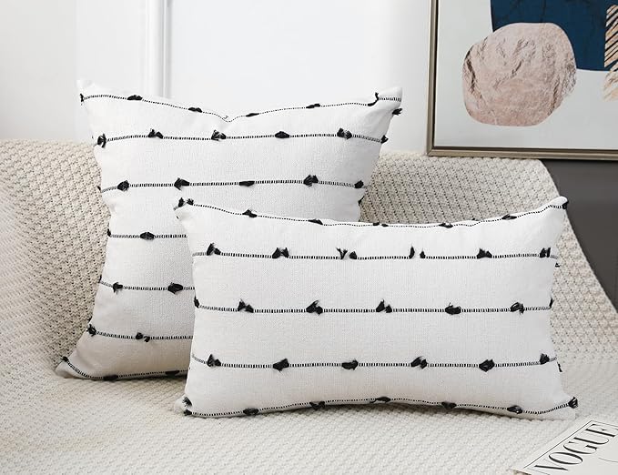 Set of 2 Boho Throw Pillow Covers 30x30,Black Off White Neutral Couch Pillow Case with Tassel Fringe Decorative，Modern Accent Farmhouse Cushion Covers for Sofa Couch Bed Living Room