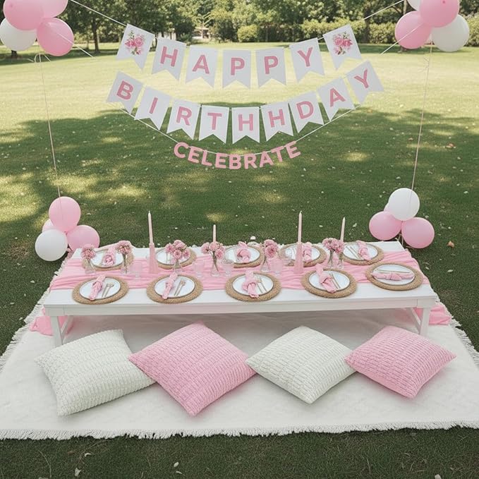 91 x 71 Extra Large Outdoor Boho Picnic Blanket with Pink Table Runner, 6 Throw Pillow Covers 6 Napkins Woven Cotton Yarn Oversize Beach Blanket Washable Picnic Camp Wedding