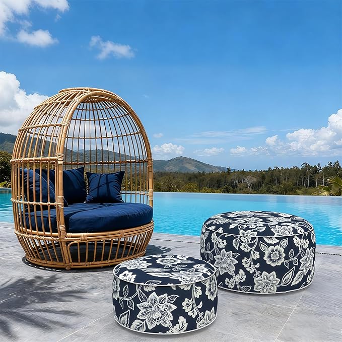 Indoor/Outdoor Inflatable Ottoman with Handle, Decorative Fade-Resistant Round Footstool D21 x H9 inch, Portable Ottoman Pouf for Patio Garden Camping, Elegant Vines Navy
