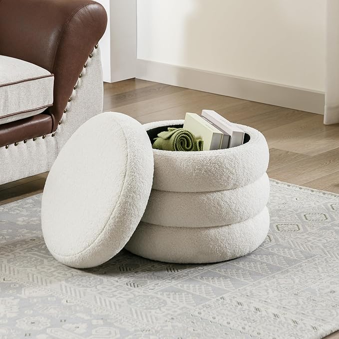 Flouki 19.5" Storage Ottoman Round, Vanity Stool for Bedroom, Entryway Ottoman for Console Table, Foot Stool for Living Room, Bedroom, Sherpa Off-White