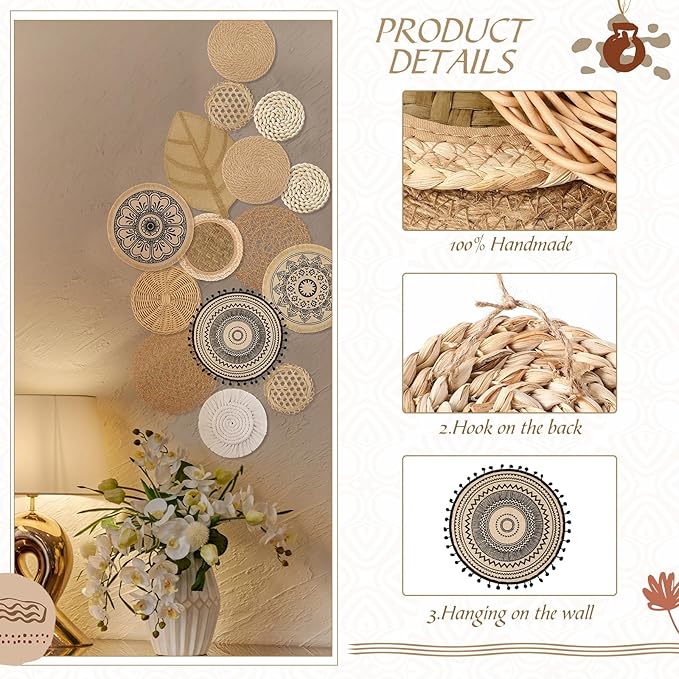 15 Pcs Boho Wall Basket Decor Brown Woven Rattan Seagrass Decor Hanging Rustic Farmhouse Western Wall Art Decoration for Nursery Living Room Bedroom Home Kitchen