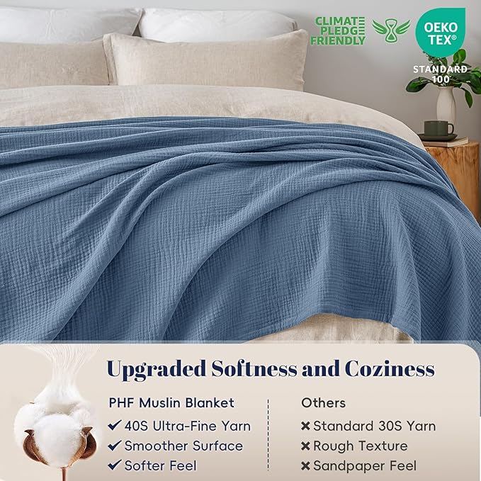 PHF 100% Cotton Muslin Blanket Queen Size 90"x90", 4-Layer Lightweight Gauze Throw, Breathable Cloud-Soft Minimalist Blanket for Bed, Couch, Camping & Baby, Denim Blue, Ideal Gift
