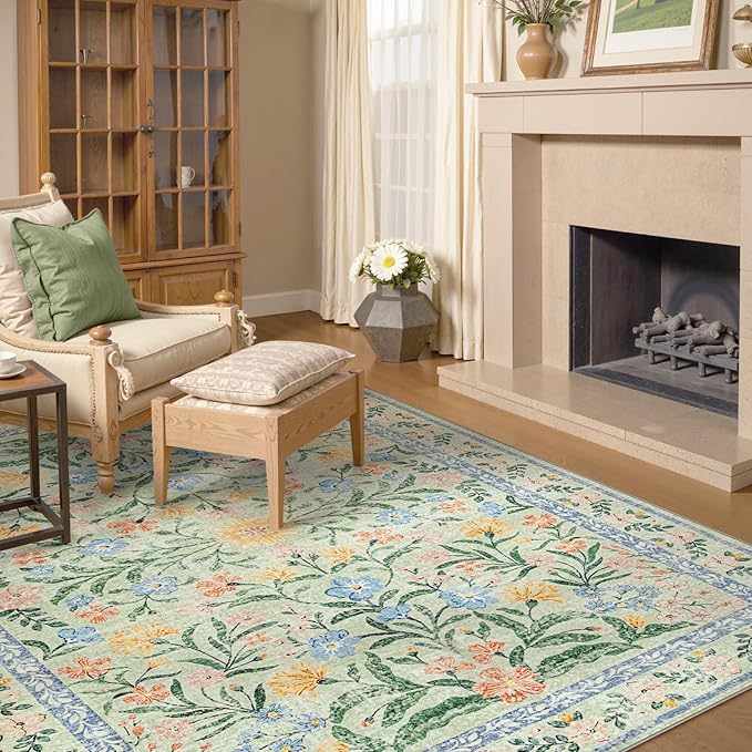 Lahome Sylvie Boho Light Green Large Area Rugs for Bedroom 9x12, Floral Washable Rugs Living Room, Soft Non-Slip Thin Rug for Nursery Kids Playroom Tween Girls Home, Tea Green