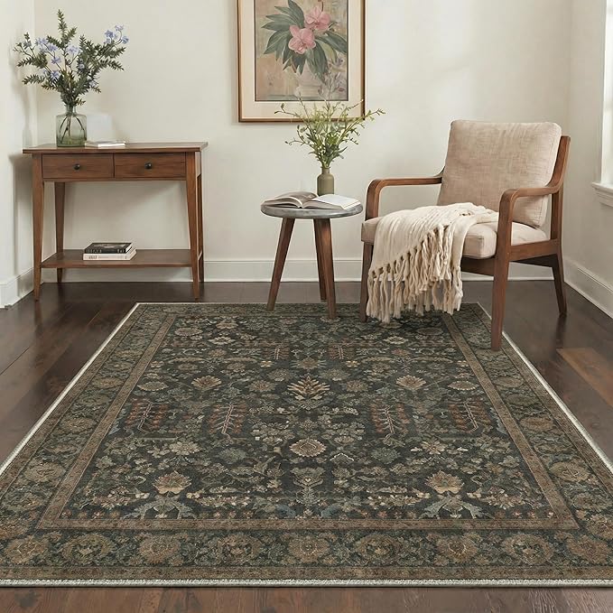 GENIMO Runner Rug 2x6 Non Slip Machine Washable Vintage Hallway Runner Rug, Low Pile Lightweight Rugs for Entryway, Hallway, Kitchen and Corridor, Forest Green