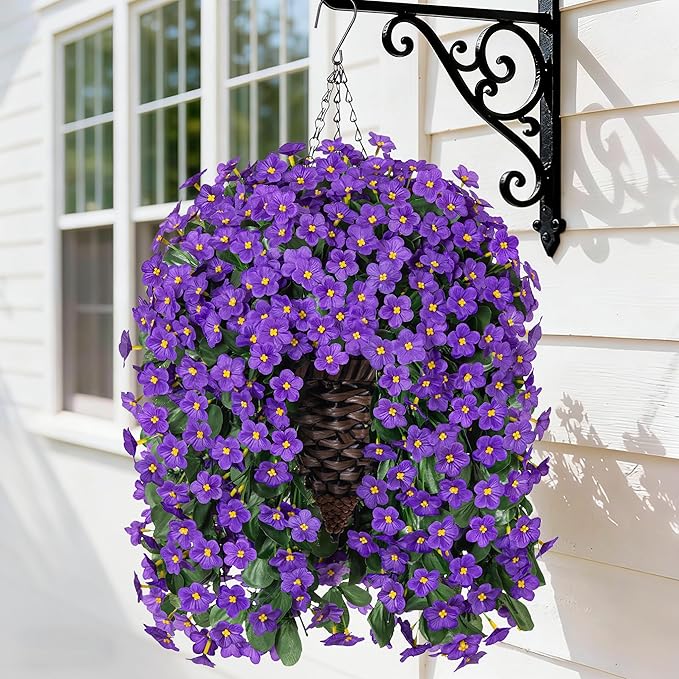 Artificial Fake Outdoor Hanging Flowers Plants Basket for Outside Porch Decoration, Fake Silk Purple Daisy Flower UV Resistant Look Real Orchid Traing Vines for Home Balcony Yard Patio Garden Decor