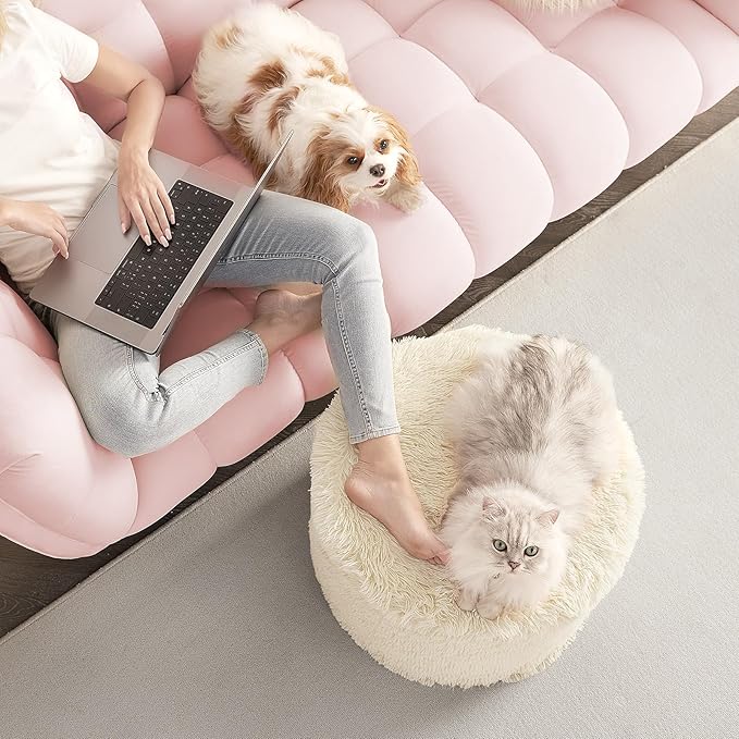 Hansleep Round Pouf Ottoman Foot Rest, 20 x 15 Small Faux Fur Stuffed Pouf for Chair, Foam Filled Foot Stools Ottomans for Living Room, Beige