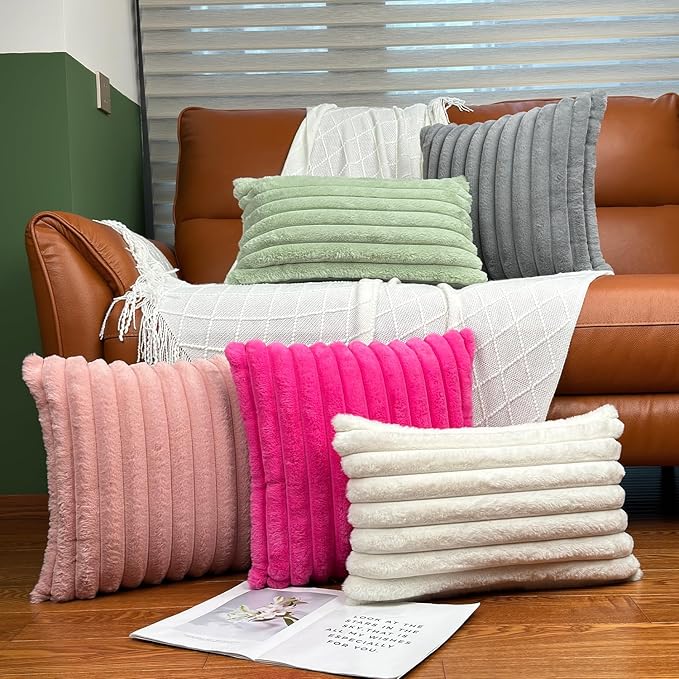 12x20 Throw Pillow Covers Set of 2, Decorative Faux Fur Covers for Bed, Couch Soft Fluffy Pillow Cover with Velvet Back for Living Room, Neutral Home Décor Accent for Sofa - Cream White
