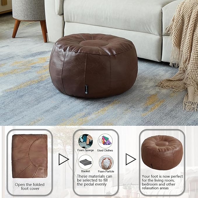 Louis Donné Unstuffed Pouf Stool Ottoman Footrest Cover Only Moroccan Vintage Storage Clothes Waterproof Faux Leather Small Bean Bag Cover Kits Reading Camping Travel pet Friendly (Only Cover)(Brown)