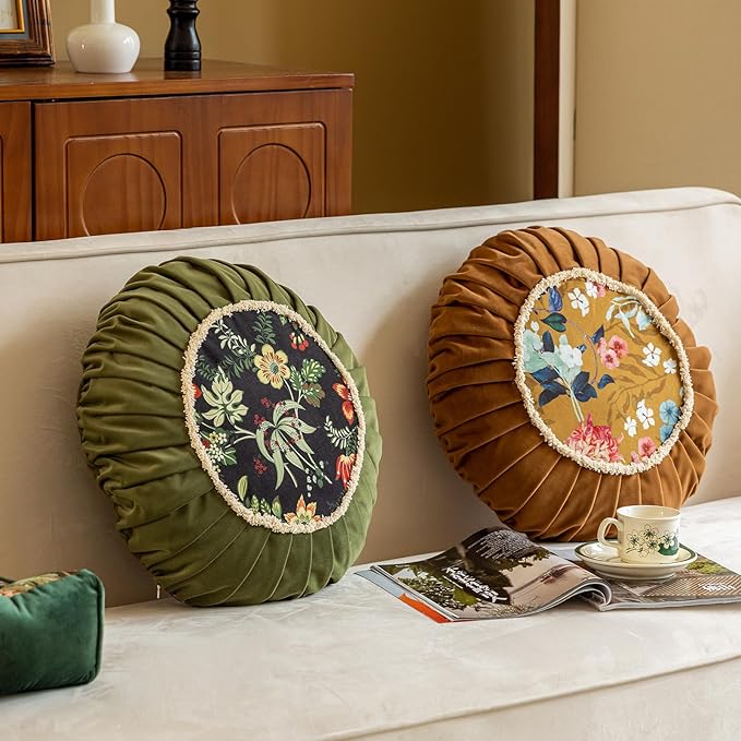 vctops Round Throw Pillow with Zipper Vintage Spring Floral Pillow Cushion Soft Velvet Pleated Throw Pillows for Couch Chair Bed Car (Green,18")
