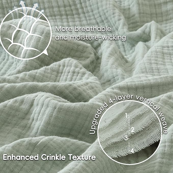 PHF 100% Cotton Muslin Blanket Queen Size 90"x90", 4-Layer Lightweight Gauze Throw, Breathable Cloud-Soft Minimalist Blanket for Bed, Couch, Camping & Baby, Sage Green, Ideal Gift