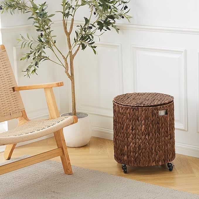 Wimarsbon 2Pcs Pouf Ottomans, Natural Seagrass Foot Stool, Hand Weaving Round Ottoman, Boho Decorative Seat, Jute Braided Pouffe Poof Accent Sitting Footrest (Storage Black Water Hyacinth)