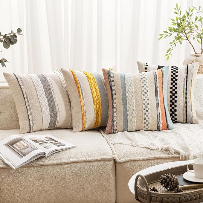 ANRODUO Pack of 2 Boho Decorative Throw Pillow Covers 20x20 Farmhouse Cushion Case Striped Chenille Pillow Cases Square Pillow Covers Accent Neutral Pillowcase for Sofa Couch Bed, Black Stripe
