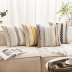 ANRODUO Pack of 2 Boho Decorative Throw Pillow Covers 20x20 Farmhouse Cushion Case Striped Chenille Pillow Cases Square Pillow Covers Accent Neutral Pillowcase for Sofa Couch Bed, Orange-Blue Stripe